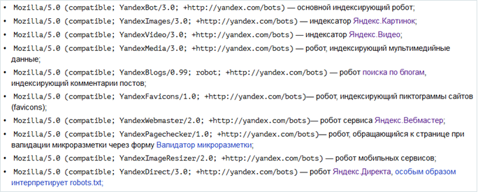Список роботов Яндекс